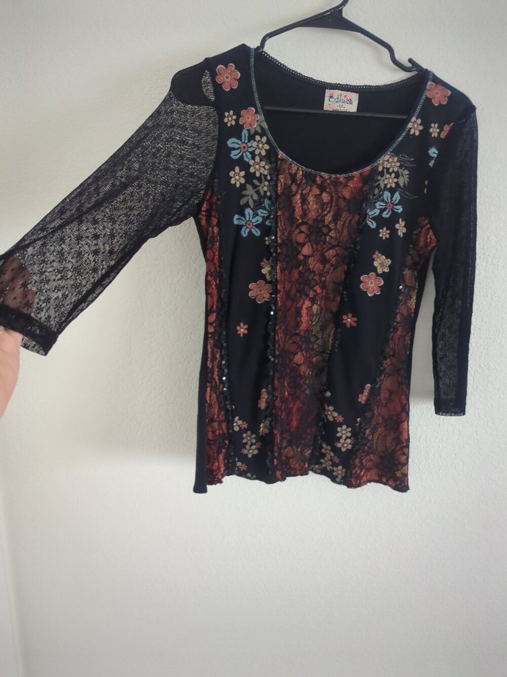 Edista Vintage Floral Lace 3/4 Sheer Sleeve Top Medium Y2K Whimsy Fairycore